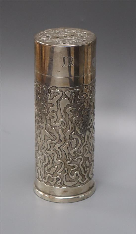 Anthony Hawksley. A silver caster with cast wrigglework decoration, initialled JRTA, London 1982, 12.25cm, 6oz.